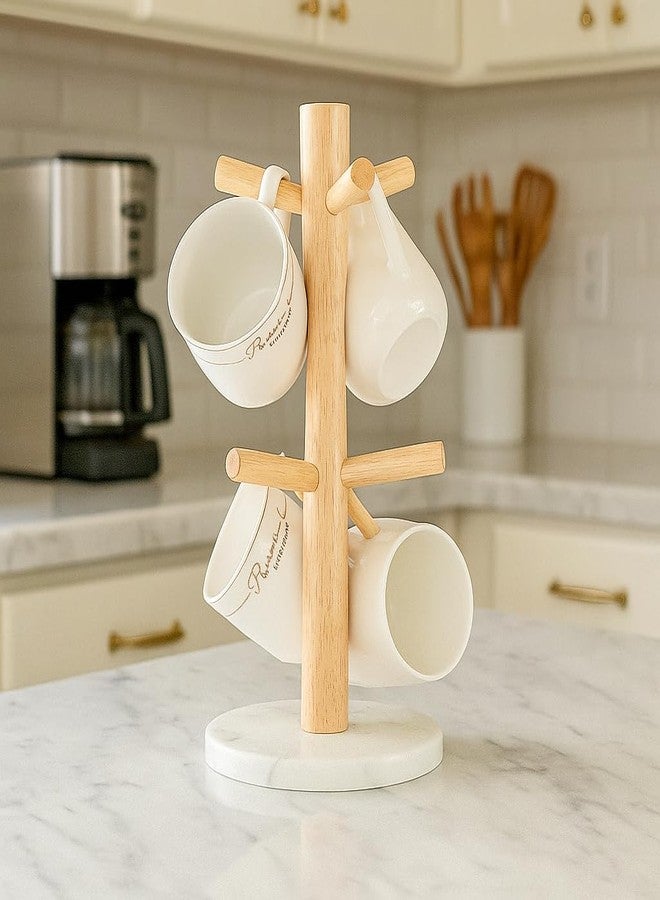WORHE Mug Holder Marble Base with 6 Hooks Coffee Cup Rack Organizer for Countertop, Round Mugs Stand Hanger for Kitchen Counter Cabinet Bar Accessories and Home Decor White (MH001) - Image 2